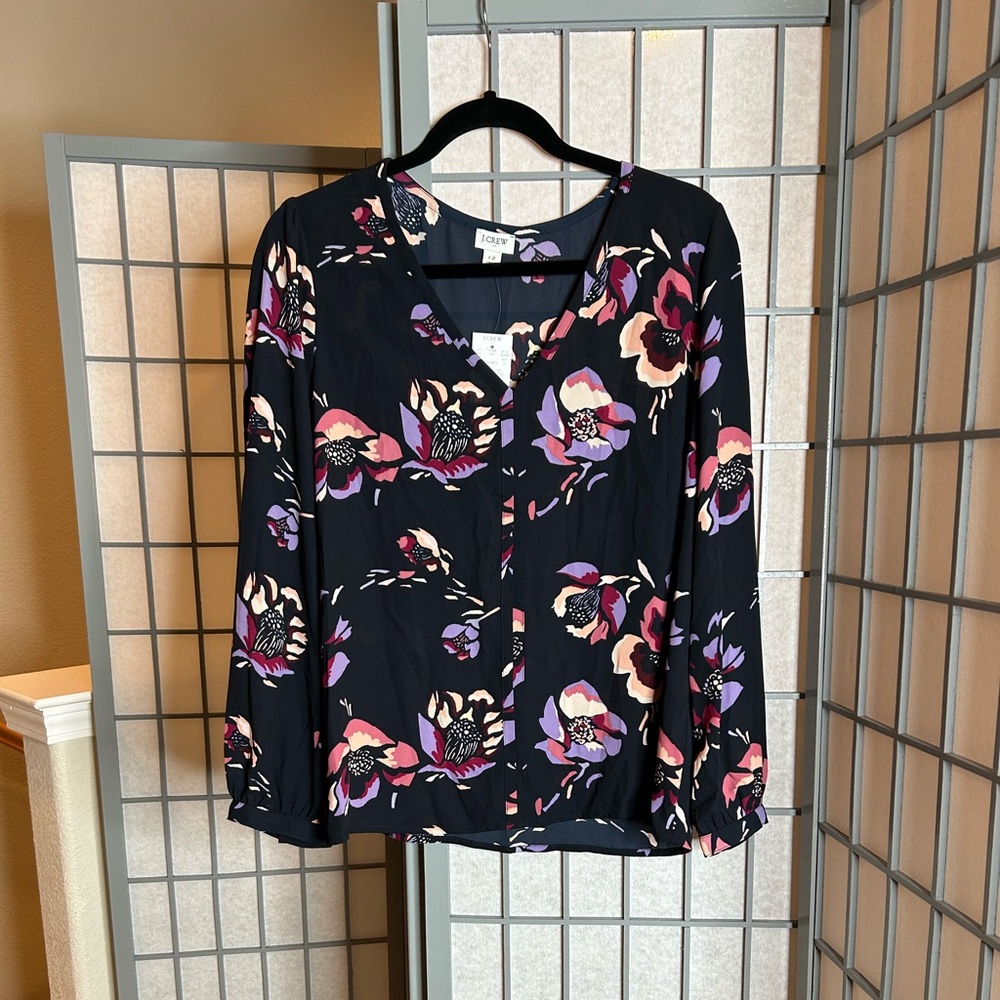 NWT J. Crew Floral Print Blouse - Black and Pink